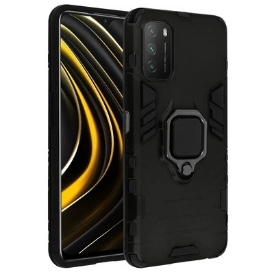 AVIZAR Cover per Xiaomi Poco M3 / Redmi 9T Bi-materiale Anello Supporto Video nero