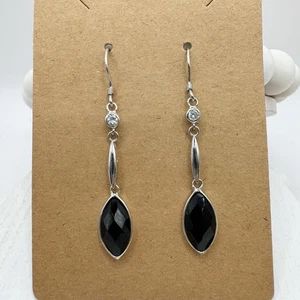 Sterling Silver Dangle Earrings With Black Marquis Stone Minimalist Classic - Picture 1 of 9