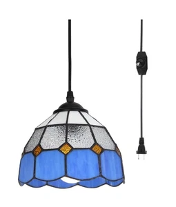 Tiffany Style Plug In Pendant Light Blue 7.9” Width Stained Glass New - Picture 1 of 9
