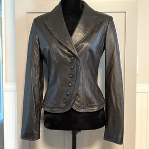 Boston Proper Leather Jacket Women 4 Brown Button Up Tailored Biker Rockabilly - Picture 1 of 18