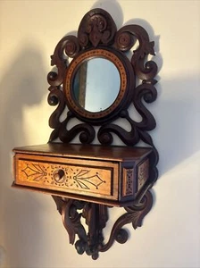 Antique Wood Wall Shelf/Hand Carving/Hanging Mirror/Mahogany/Burl/England C.1890 - Picture 1 of 14