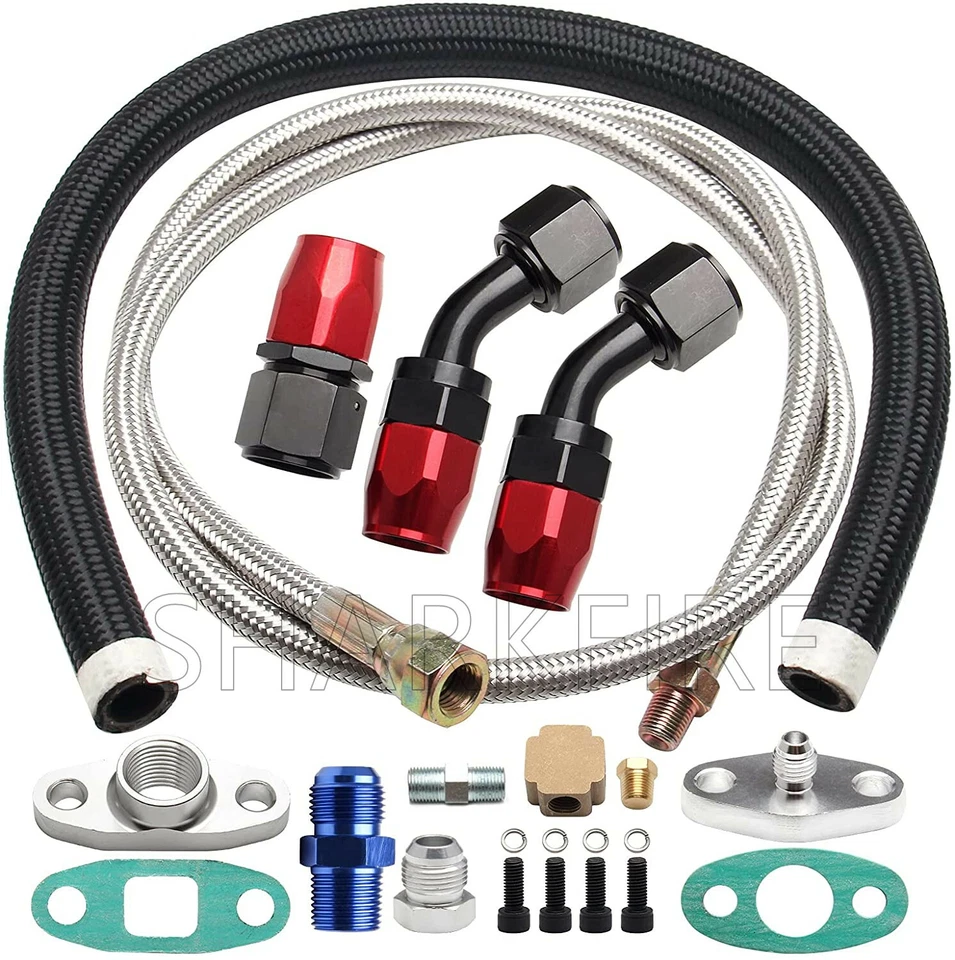 Turbo Charger Oil Drain Return Line Oil Feed Complete Kit T3 T4 GT35 T70 T66 Foto 1 de 4