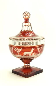Vintage Red Flash Woodland Deer Pedestal Lidded Bowl Compote Dish - Picture 1 of 10