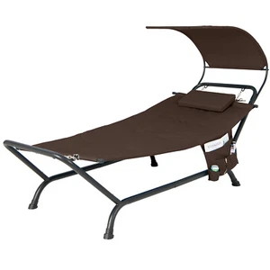 Patio Hanging Chaise Lounge Chair w/ Canopy, Cushion, Pillow & Storage Bag Brown - Picture 1 of 9