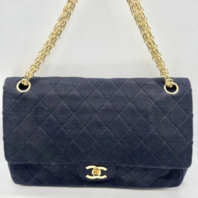 Auténtico Bolso de Hombro CHANEL 'Excelente Estado' Cadena Solapa Algodón Coco Azul Marino Francia Foto 1 de 4