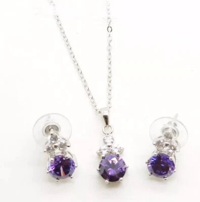 New Silver Plated Earrings & Pendant Set Amethyst Crystal 20” Long Necklace - Image 1 of 4