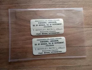 2 x Laudanum (opium) Paregoric medicine chemist labels c 1930, Bentley Uttoxeter - Picture 1 of 2