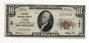 1929 $10 FNB York, YORK, PA NATIONAL CURRENCY CH. #197 - Picture 1 of 2