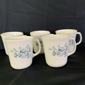 Corning Ware Corelle Vtg Colonial Mist Mug Set of 5 Coffee Tea Cups Blue Flowers - Picture 1 of 6