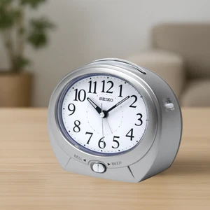 Seiko Alarm Clock Silver QHK005 Silent Sweep Snooze Luminous Bedside Table Clock - Picture 1 of 2