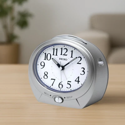 Seiko Alarm Clock Silver QHK005 Silent Sweep Snooze Luminous Bedside Table Clock - Image 1 of 2
