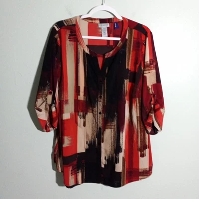 Catherines Top Blouse size 1X Petite 1XP 18 20, Graphic Modern Black Red Career - Image 1 of 4