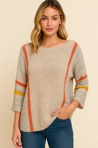 Dokotoo Boho Festival Sweater XL Beige Striped Textured Knit Pullover Top - Picture 1 of 9