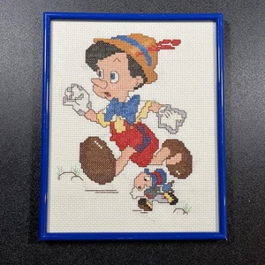 Vintage Disney Pinocchio Jiminy Cricket Running Framed Cross Stitch Blue Art - Picture 1 of 4