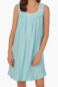 Nwt $68 Eileen West Aqua Striped Cotton Blend Knit Sleeveless Short Nightgown M - Picture 1 of 6
