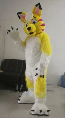 Halloween Largo Piel Amarillo Husky Lobo Perro Mascota Disfraz Fursuit Juegos con disfraces Fiesta Foto 1 de 4