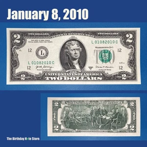 January 8, 2010 Birthday Anniversary $2 Two Dollar Bill Serial Number 01082010 - Picture 1 of 2