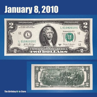 January 8, 2010 Birthday Anniversary $2 Two Dollar Bill Serial Number 01082010 - Image 1 of 2