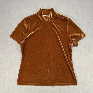 Gemilli Womens Velvet T-Shirt Brown Medium Short Sleeve Mock Neck Vintage 90s - Picture 1 of 6