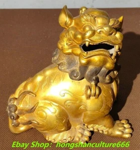 6"Old Chinese Pure Bronze Gilt Foo Fu Dog Lion beast smoke Incense Burner Censer - Picture 1 of 8