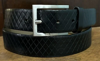 Vtg Joseph Abboud Black Leather Cross Hatch Embossed Belt Sz 38 1-5/16”Wide GUC Foto 1 de 4