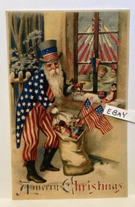 RARO TÍO SAM SANTA FELIZ NAVIDAD BOLSA DE JUGUETES BANDERAS NIÑOS DORMIDOS NUEVA POSTAL - Imagen 1 de 1