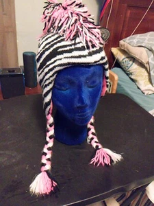 JUSTICE BLACK AND WHITE  ZEBRA STRIPED MOHAWK HAT W/EAR FLAPS & BRAIDED TIE - Picture 1 of 11