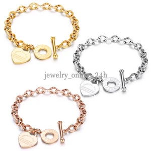 Women Charm Stainless Steel Heart Bracelet Silver Gold Girl Link Chain Bangle - Picture 1 of 27