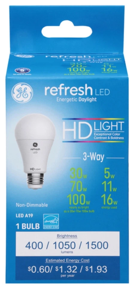GE Refresh LED Energetic Daylight 3-Way A19 Light Bulb, Non-Dimmable, 30-70-100 - Image 1 of 1