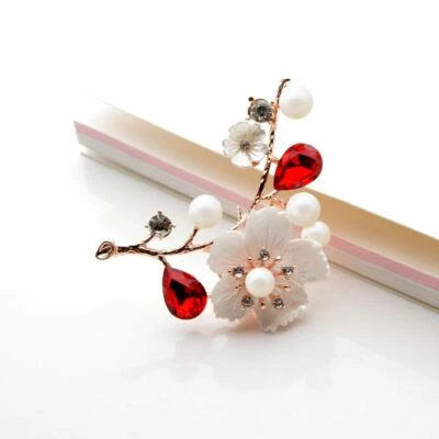 Women Brooches Shell Pearl Flower Pin Red Crystal Brooch Wedding Jewelry Gift - Image 1 of 4