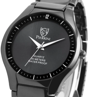 elegante Herrenuhr Armbanduhr Schwarz Edelstahl Keramiklook 3ATM von PIERRINI - Bild 1 von 4