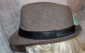 NEU SM KREMPE FEDORA HUT TRILBY GATSBY BRAUN HUNDEZAHN KARIERT SHERLOCK LG 59cm - Bild 1 von 5
