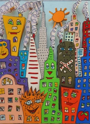 James Rizzi 3D Handsigniert Handnummeriert LETTING OFF STEAM 1986 SELTEN Stadt - Bild 1 von 4