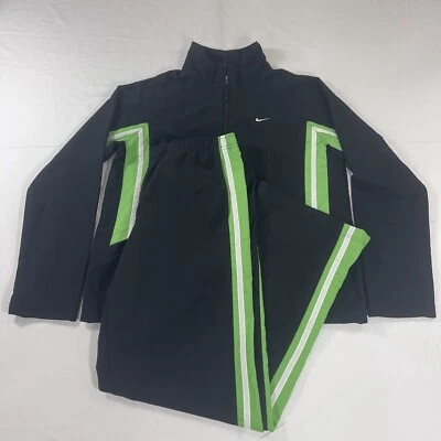 Vintage Nike Women's M 8-10 2pc Set Track Suit Black Green Windbreaker Pants Y2K - Image 1 of 4