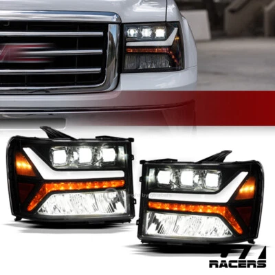 For 2007-2014 GMC Sierra Blk Full LED Sequential Tube Tri Projector Headlights - Image 1 of 4