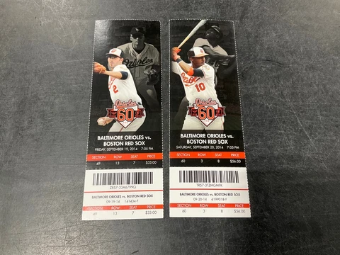 ORIOLES 2014 TICKET STUB 9/19/14-9/20/14 VS RED SOX~David Ortiz HR # 464 & 465 Cover
