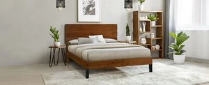 Mid-Century Modern Solid Wood Bed Frame Full Size Platform Bed with Three-Piece  - Picture 1 of 12