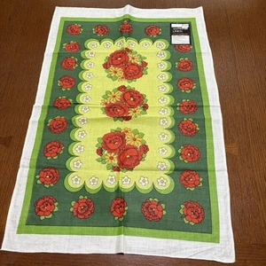 Vintage Woolworth Tea Towel 100% Linen Pop Art Roses Green Red New Old Stock - Picture 1 of 5