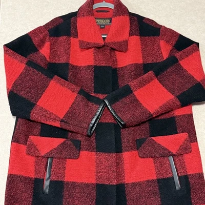 Pendleton Women Swing Jacket Size 2X Red Black Buffalo Plaid Faux Leather Trim - Image 1 of 4
