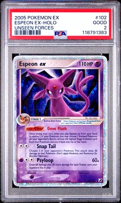 PSA 2 *HUGE SWIRL* 2005 Pokemon EX Unseen Forces Espeon EX Holo Foil 102/115 - Image 1 of 3