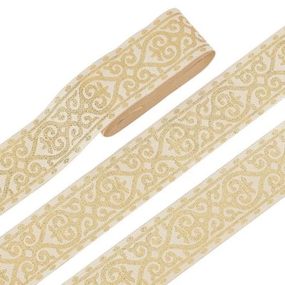 7.66 Yards Jacquard Trim 2 Inch Gold Ethnic Boho Ribbon - Embroidery Woven Fl... - Image 1 of 4