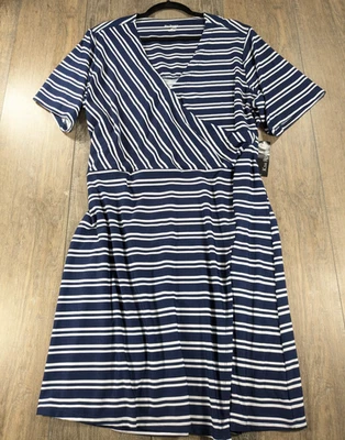 Kim Rogers Dress Womens 1X Blue Striped Short Sleeve Liquid Knit Nautical Preppy - Image 1 of 4