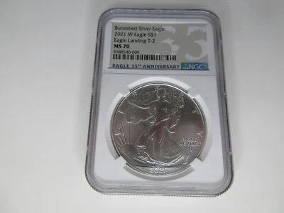 Burnished Silver Eagle 2021 W Eagle S$1 Eagle Landing T-2 MS 70 NGC Eagle 35th A - Image 1 of 4