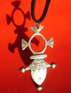 SILVER Niger Tuareg  Cross hand engraved double sided pendant with tie L65 mm - Picture 1 of 16