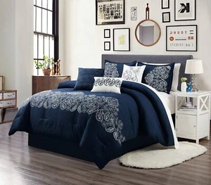 Linz 7-Piece Navy Blue White Embroidered Paisley Floral Scroll Comforter Set - Picture 1 of 6