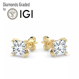 IGI ,2.00 CT ,Solitaire Lab-Grown Princess Diamond Studs Earring,18K Yellow Gold - Picture 1 of 14