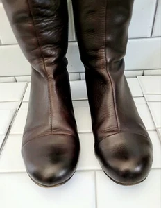 Theory Ladies Dark Brown Tall Leather Boot With Rear Zip Black Patent Leather... - Picture 1 of 9