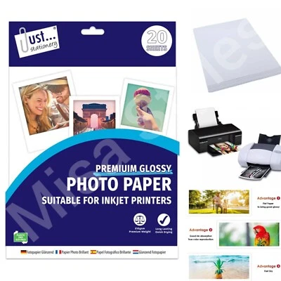 20 SHEETS A4 PREMIUM GLOSSY HIGH GLOSS PHOTO PAPER 210GSM INKJET PRINTER PICTURE - Image 1 of 4