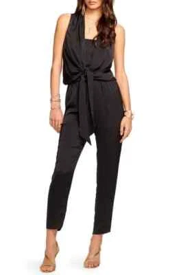 RAMY BROOK Black Draped Tie Waist Satin Silk Crop Pant Jumpsuit LARGE = 10/12 🖤 - Image 1 of 4