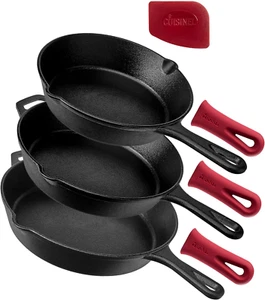 Cast Iron Skillet Set - 8" + 10" + 12"-Inch Pre-Seasoned Frying Pans + Silicone - Picture 1 of 6